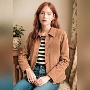 Bernardo Y2K Tan Washable Suede Button Front Jacket, Classic, Minimalist, Sz L